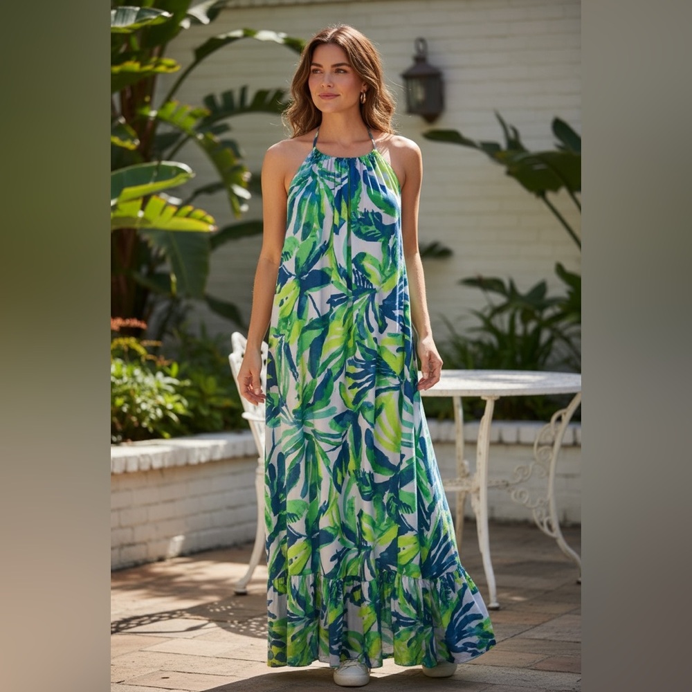 True Destinations Tropical Leaf Print Maxi Dress S Vacation  ResortWear Beachy